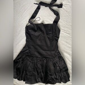 House Of Harlow 1960 Black Halter Linen Blend Bubble Hem Mini Dress Whimsigoth